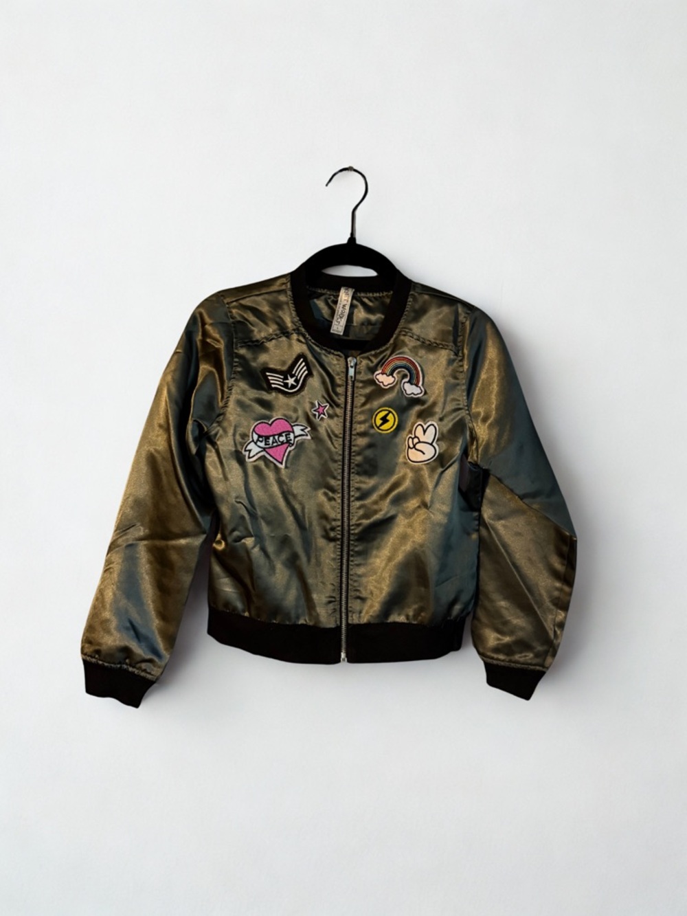 Knit Works Olive Green Metallic Bomber Jacket with Patch Accent